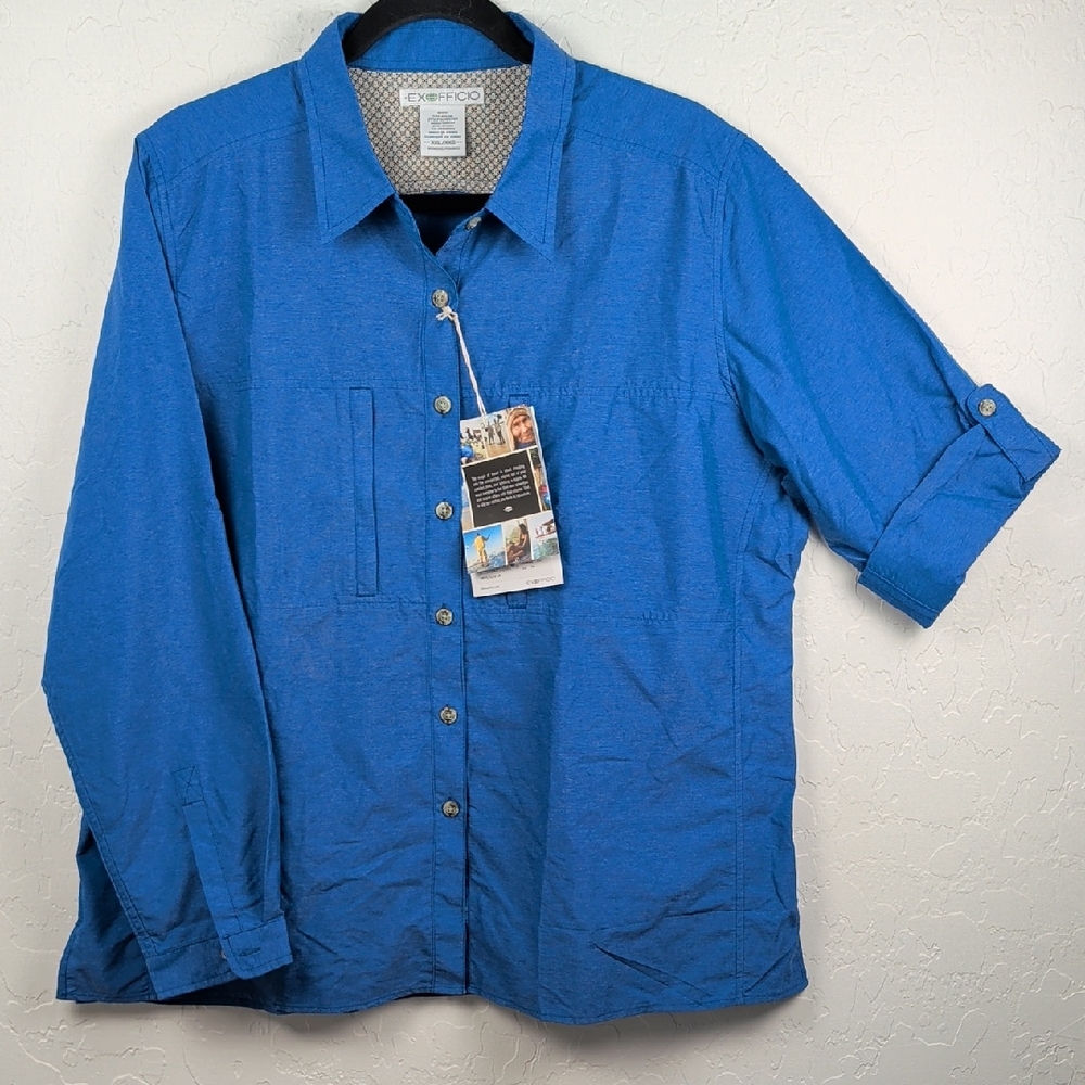 NWT ExOfficio Dryflylite Long Sleeve Button Down Sun/Travel Shirt Blue XXL NEW
